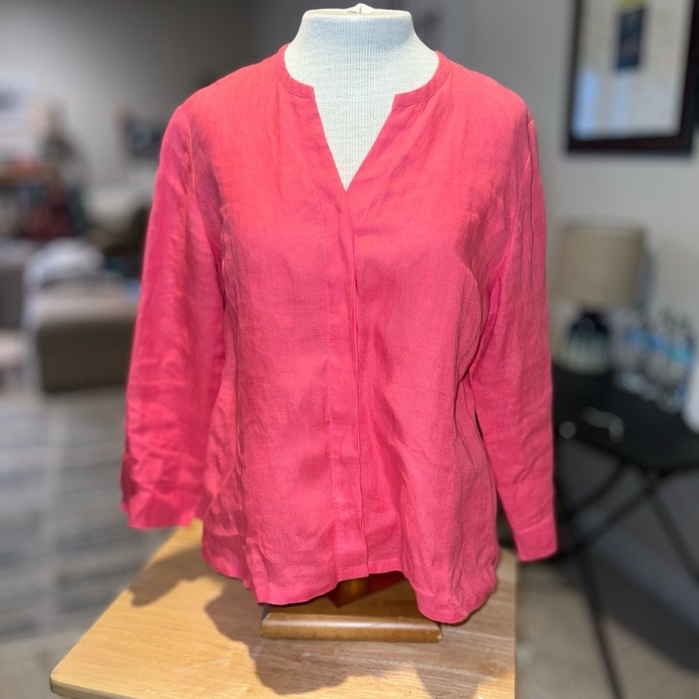 Talbots Petites 12P 100% Irish Linen Pink Coral V-Neck 3/4 Sleeve Button Up